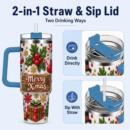 #pl[40oz|Blue] Christmas Icons 40oz Tumbler with Handle, Snowman Holiday Travel Cup