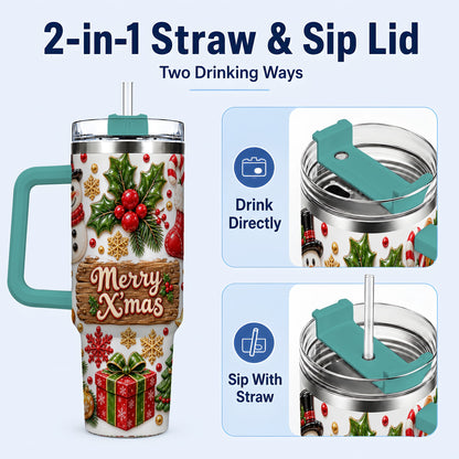 #pl[40oz|Green] Christmas Icons 40oz Tumbler with Handle, Snowman Holiday Travel Cup