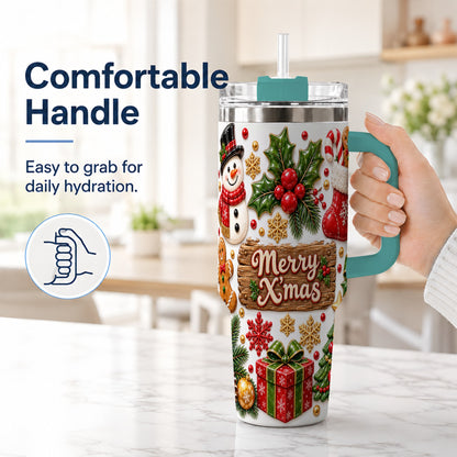 #pl[40oz|Green] Christmas Icons 40oz Tumbler with Handle, Snowman Holiday Travel Cup