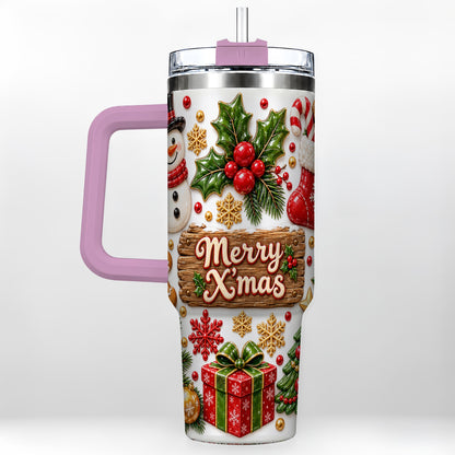 #pl[40oz|Pink] Christmas Icons 40oz Tumbler with Handle, Snowman Holiday Travel Cup