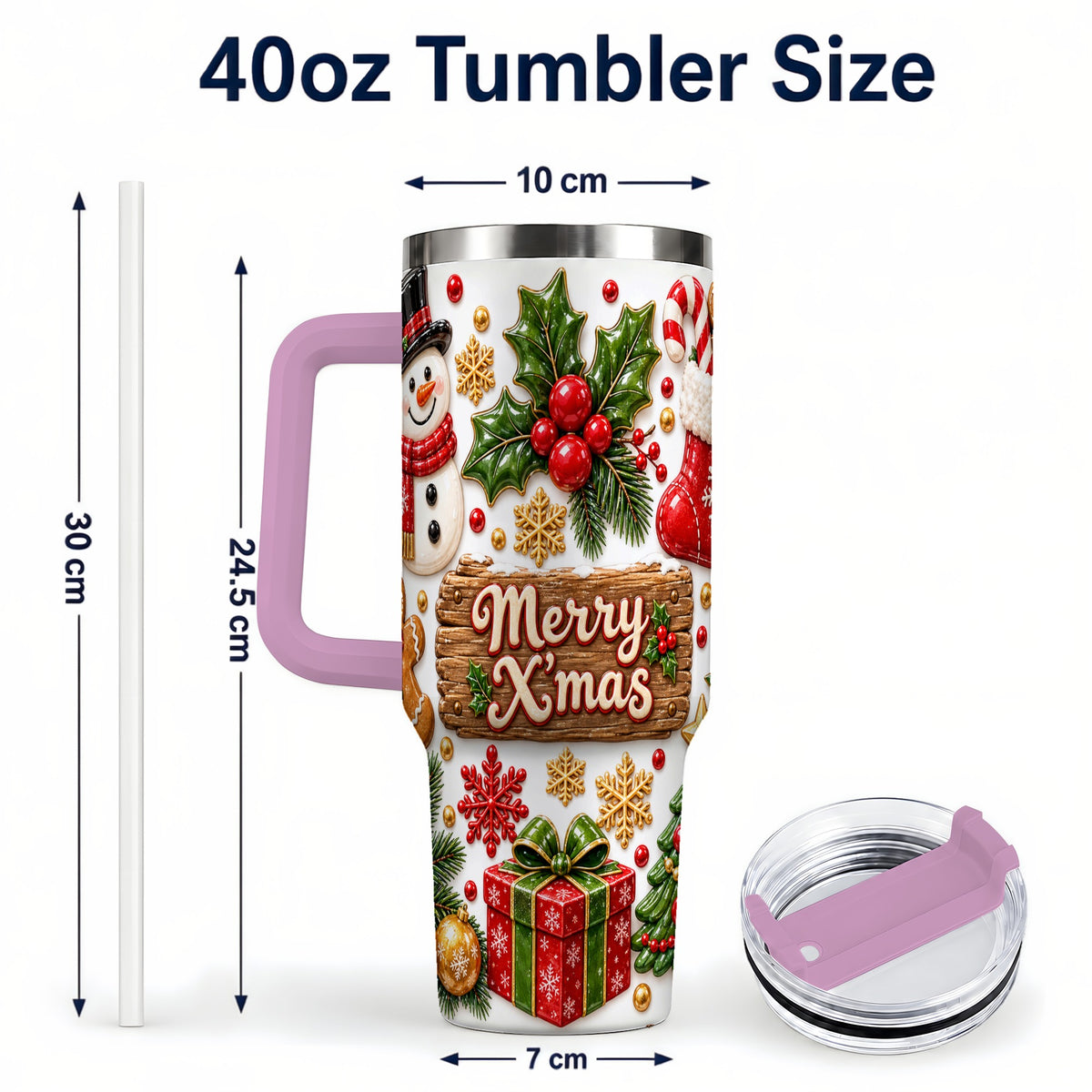#pl[40oz|Pink] Christmas Icons 40oz Tumbler with Handle, Snowman Holiday Travel Cup