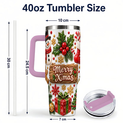 #pl[40oz|Pink] Christmas Icons 40oz Tumbler with Handle, Snowman Holiday Travel Cup