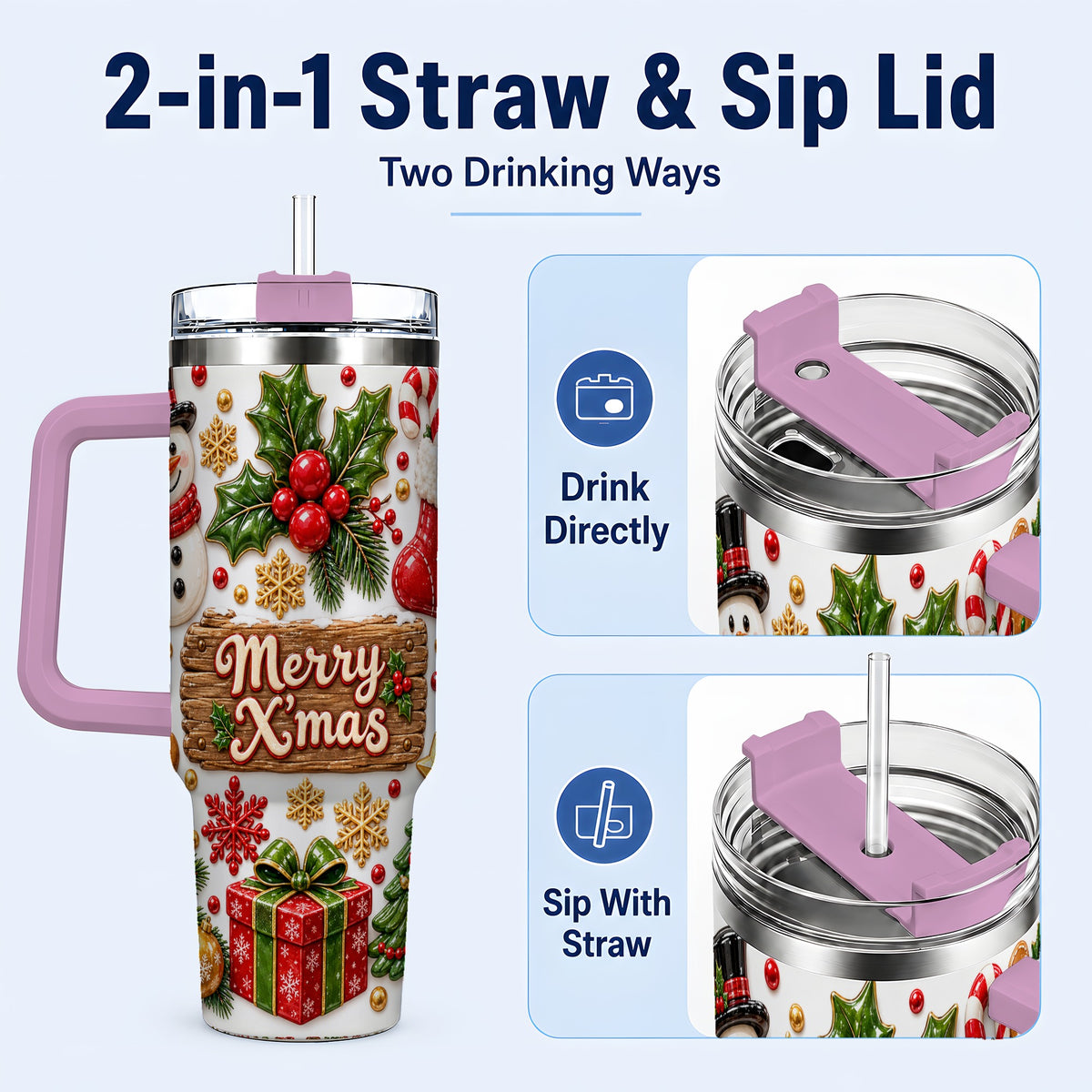 #pl[40oz|Pink] Christmas Icons 40oz Tumbler with Handle, Snowman Holiday Travel Cup