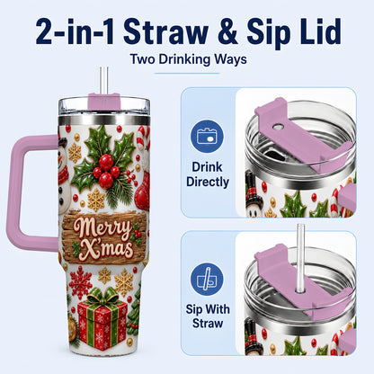 #pl[40oz|Pink] Christmas Icons 40oz Tumbler with Handle, Snowman Holiday Travel Cup