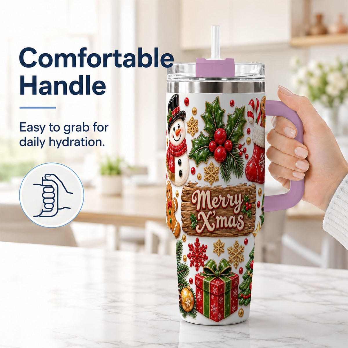 #pl[40oz|Pink] Christmas Icons 40oz Tumbler with Handle, Snowman Holiday Travel Cup