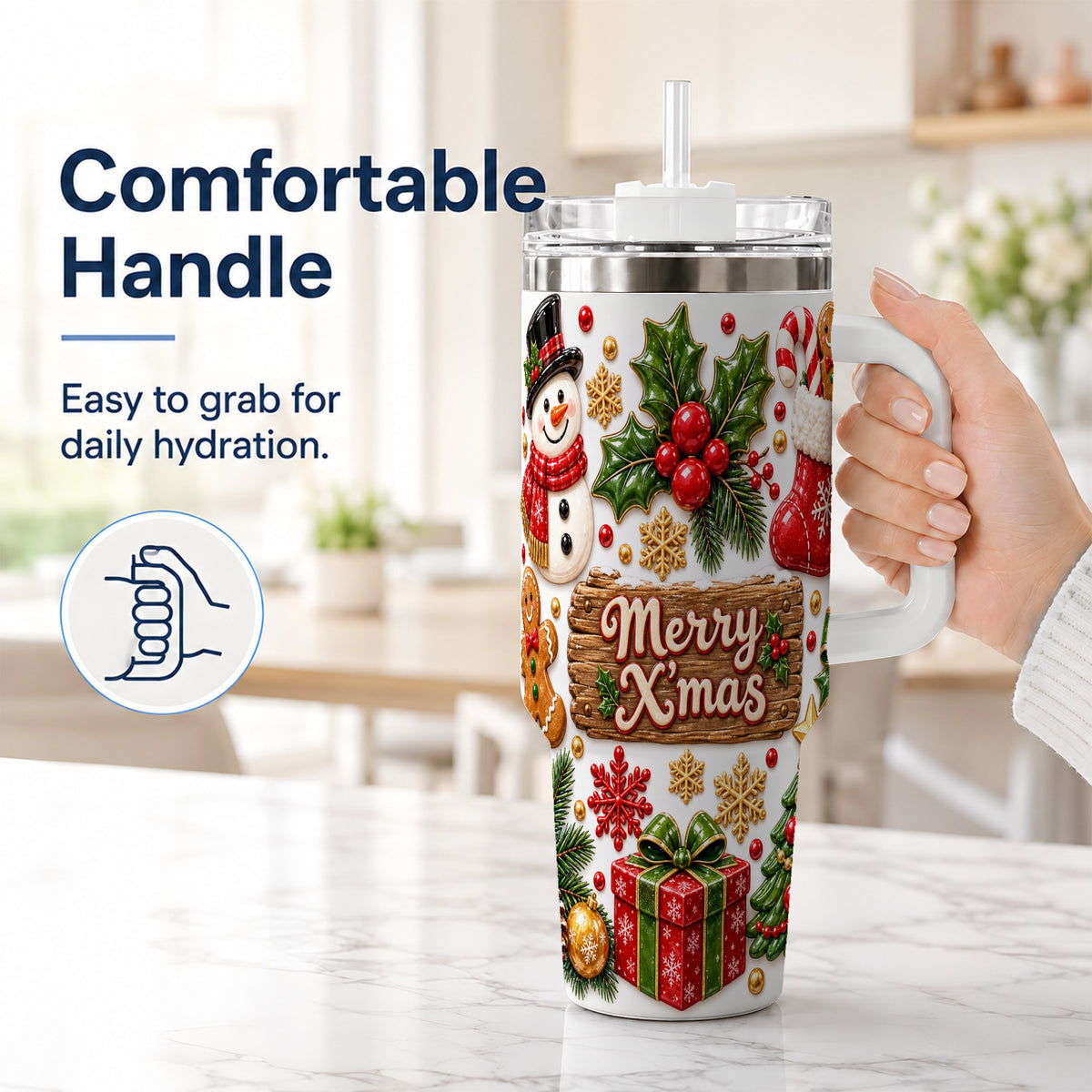 #pl[40oz|White] Christmas Icons 40oz Tumbler with Handle, Snowman Holiday Travel Cup