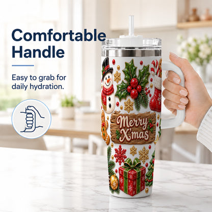 #pl[40oz|White] Christmas Icons 40oz Tumbler with Handle, Snowman Holiday Travel Cup