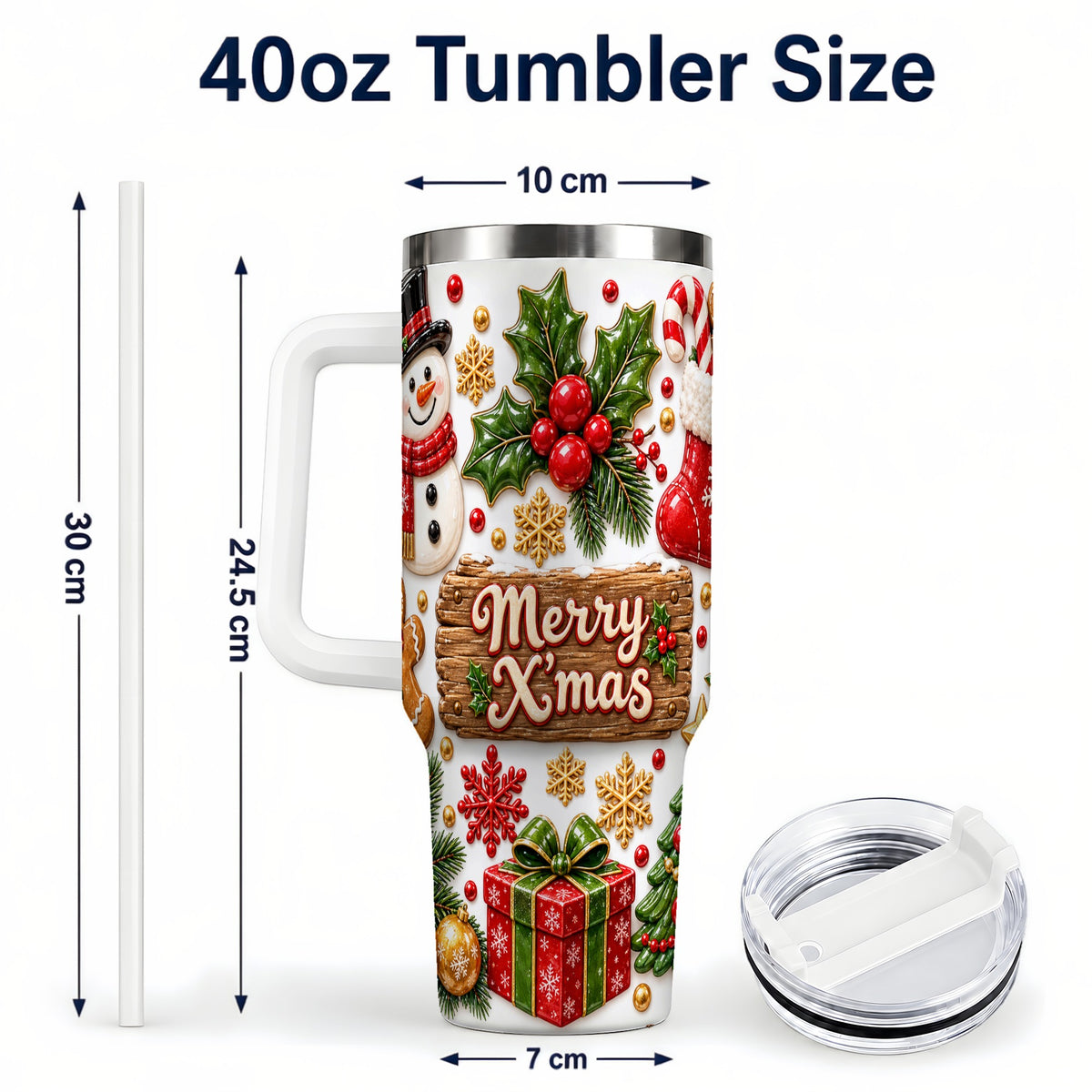 #pl[40oz|White] Christmas Icons 40oz Tumbler with Handle, Snowman Holiday Travel Cup