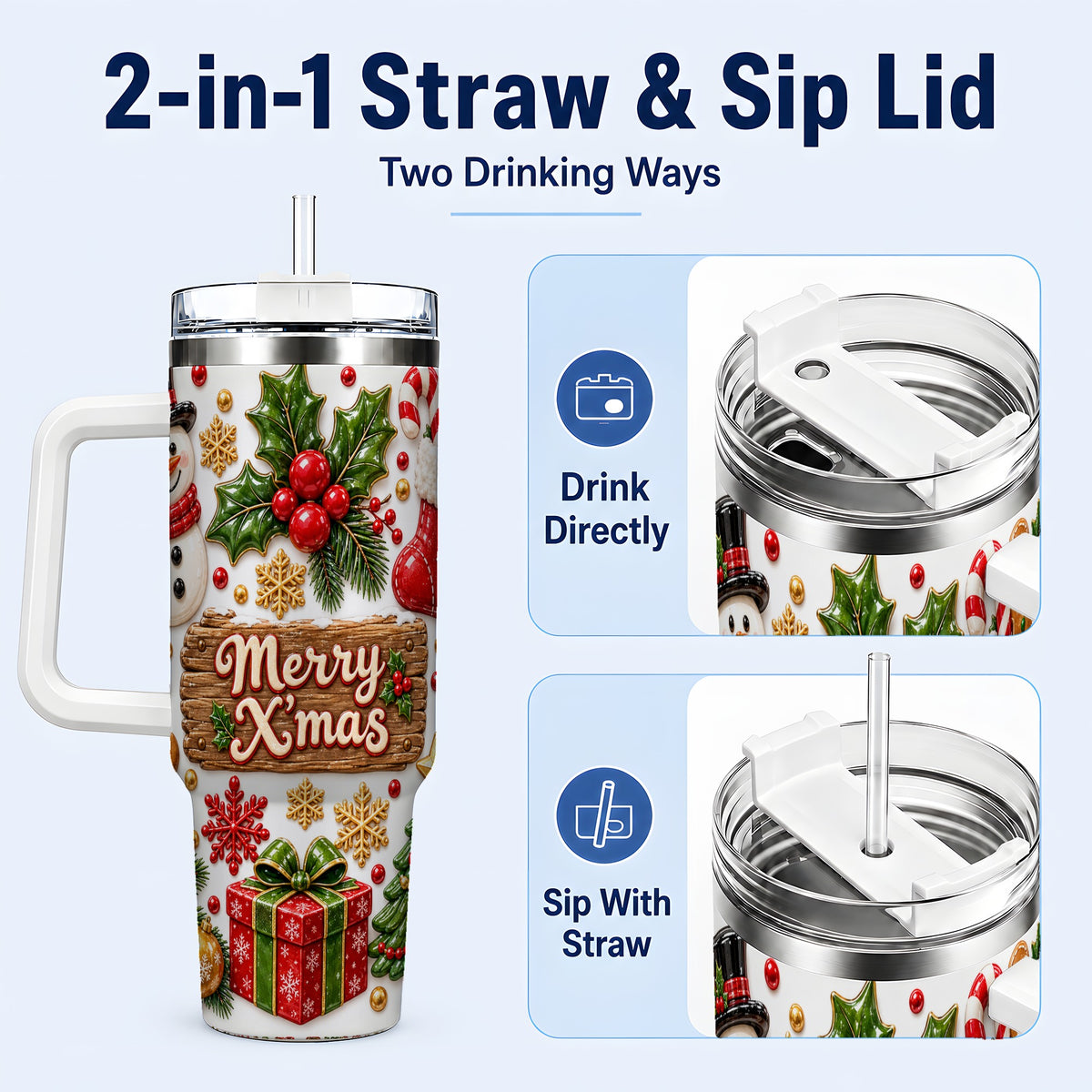 #pl[40oz|White] Christmas Icons 40oz Tumbler with Handle, Snowman Holiday Travel Cup