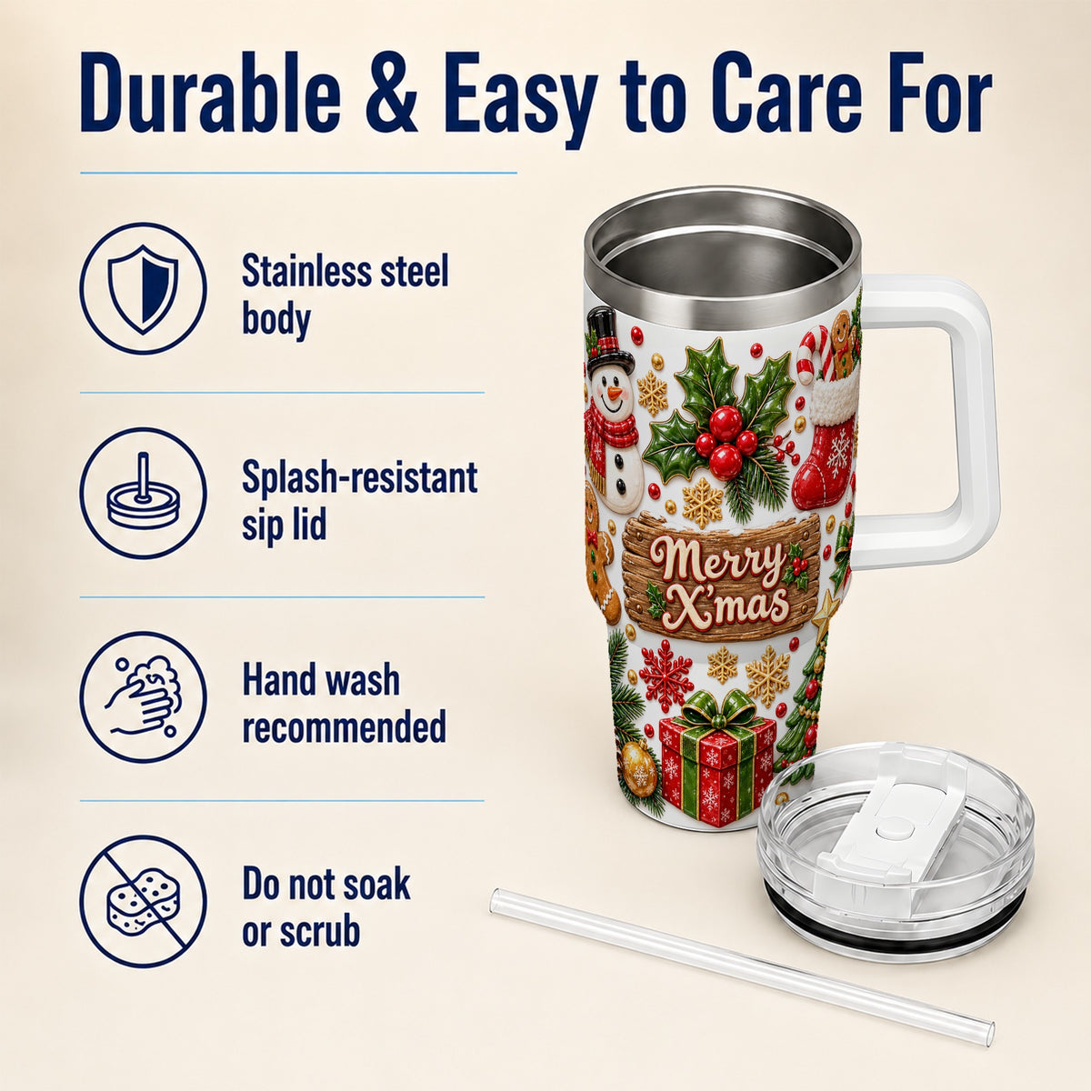 Christmas Icons 40oz Tumbler with Handle, Snowman Holiday Travel Cup