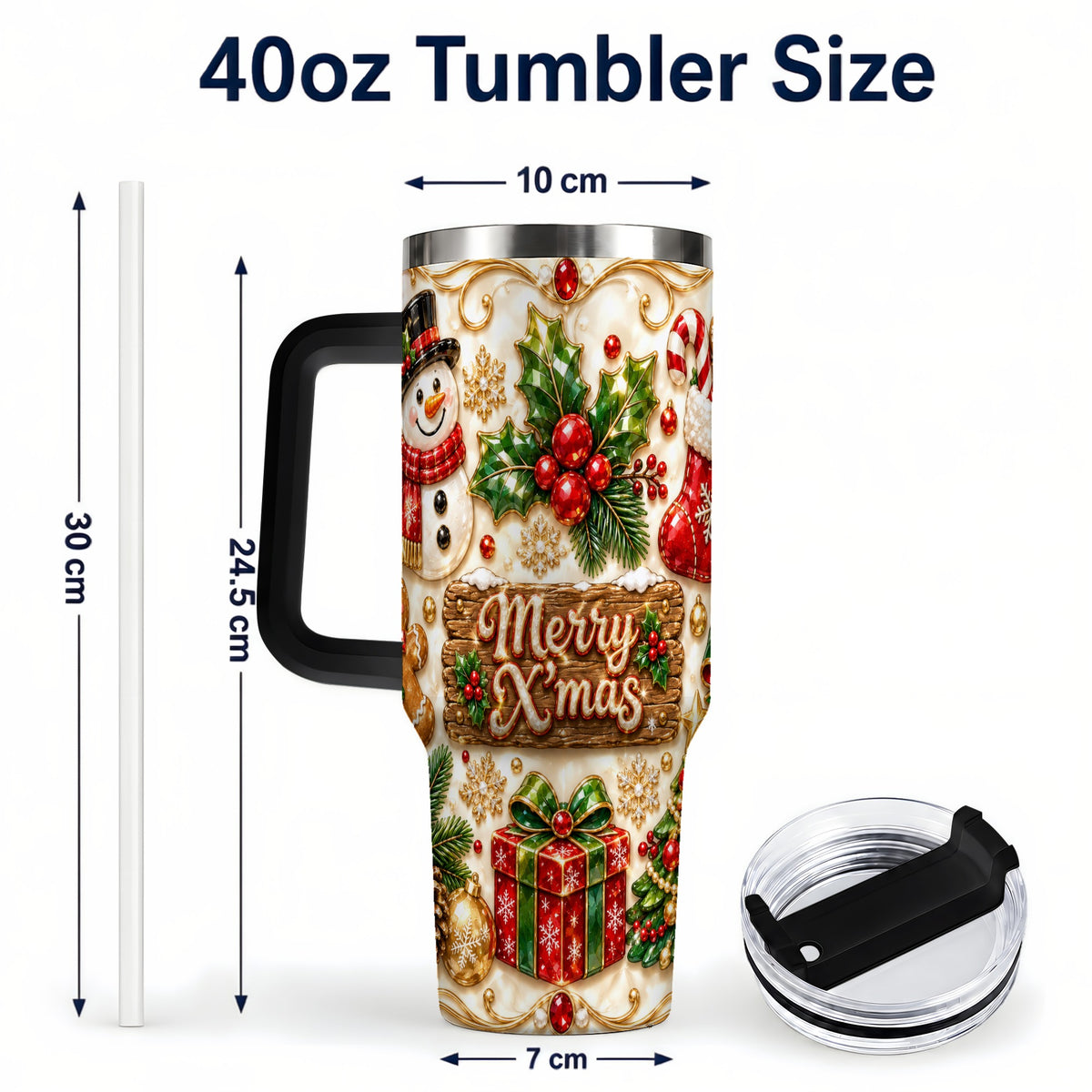 #pl[40oz|Black] Christmas Snowman 40oz Tumbler with Handle, Holiday Stainless Steel Cup