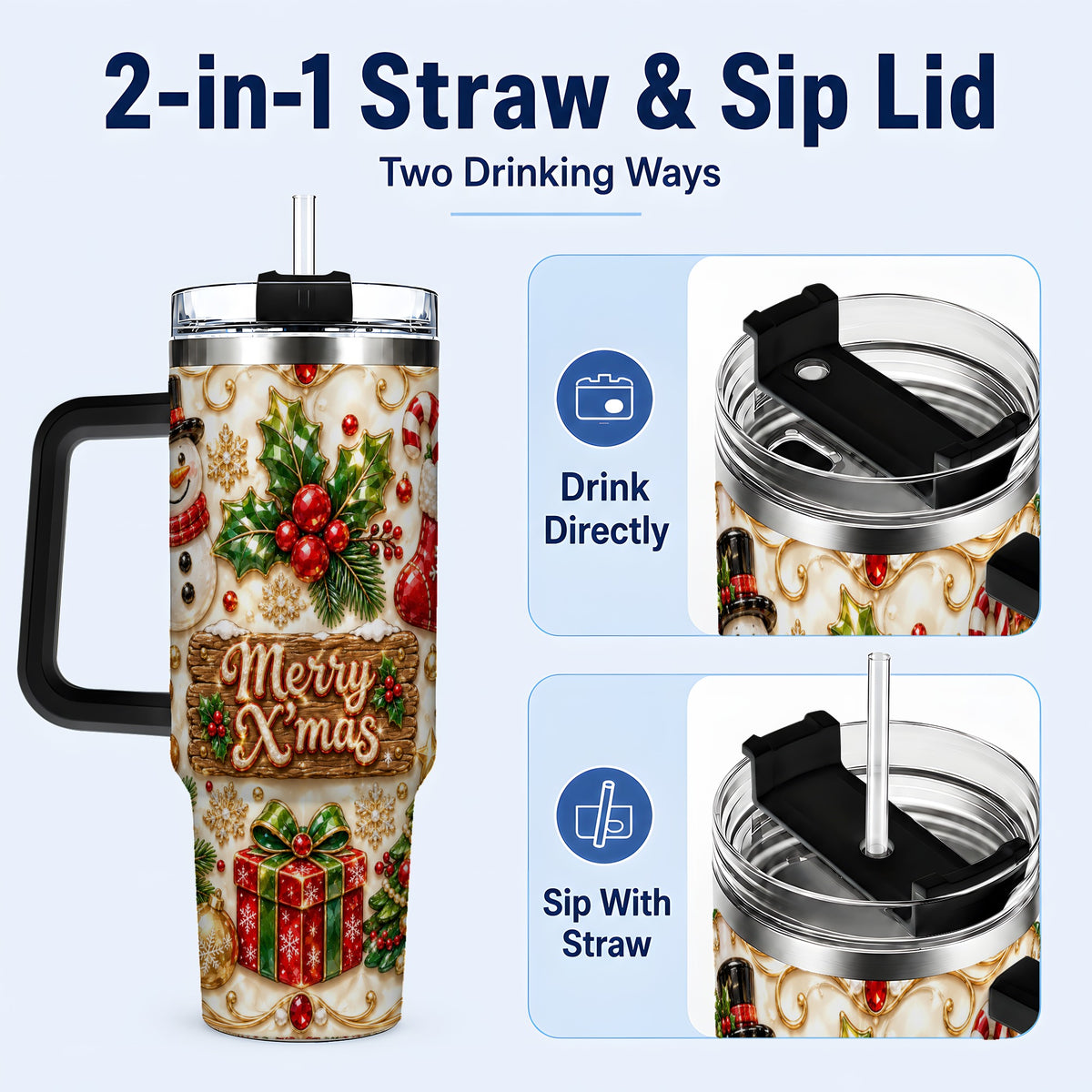 #pl[40oz|Black] Christmas Snowman 40oz Tumbler with Handle, Holiday Stainless Steel Cup