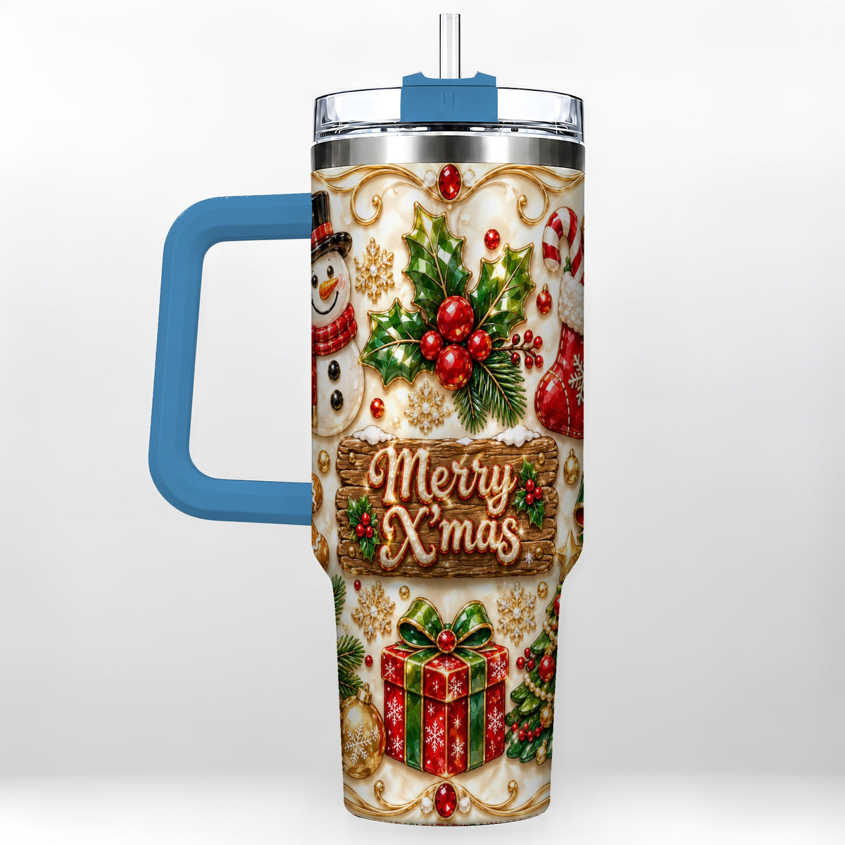 #pl[40oz|Blue] Christmas Snowman 40oz Tumbler with Handle, Holiday Stainless Steel Cup