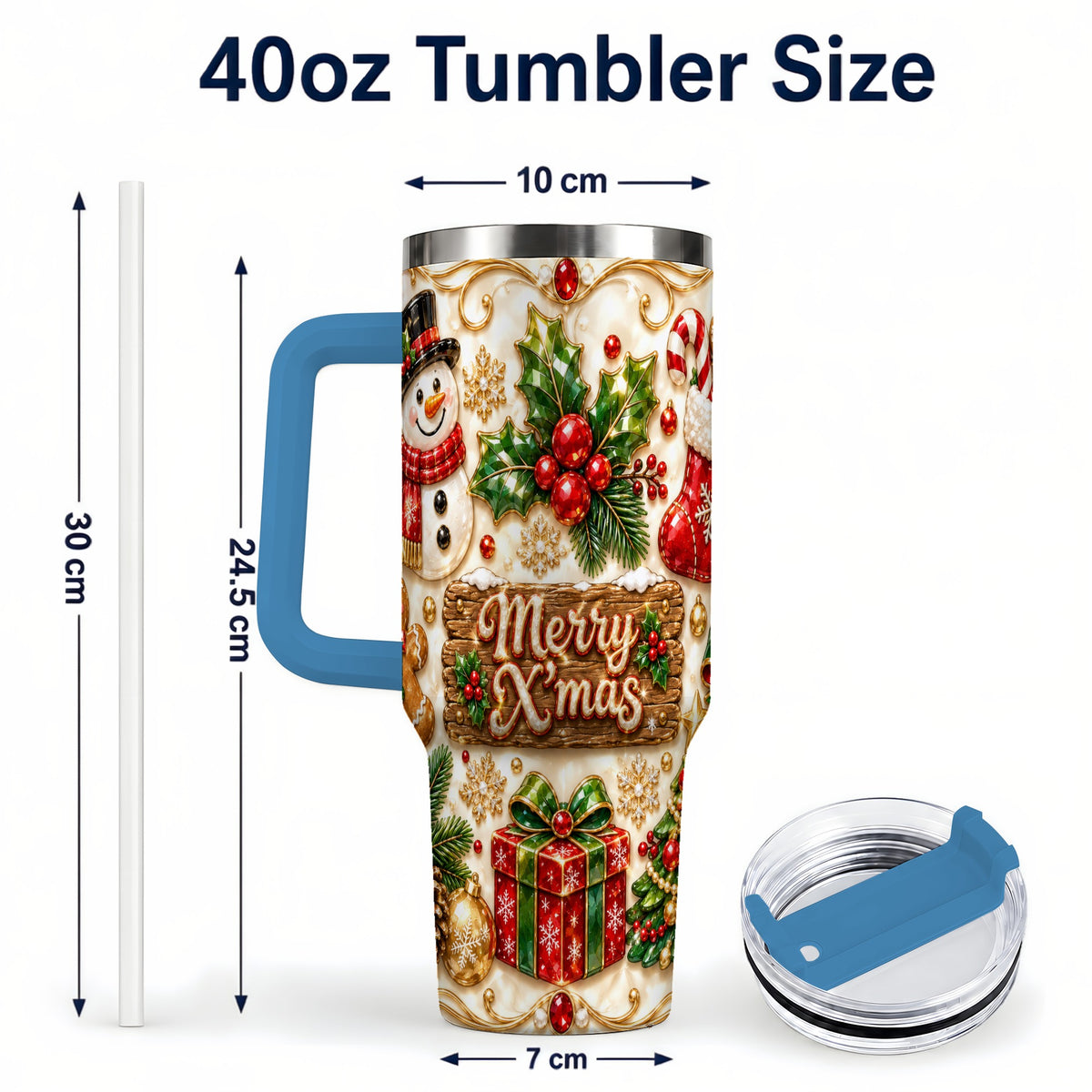 #pl[40oz|Blue] Christmas Snowman 40oz Tumbler with Handle, Holiday Stainless Steel Cup