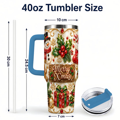 #pl[40oz|Blue] Christmas Snowman 40oz Tumbler with Handle, Holiday Stainless Steel Cup