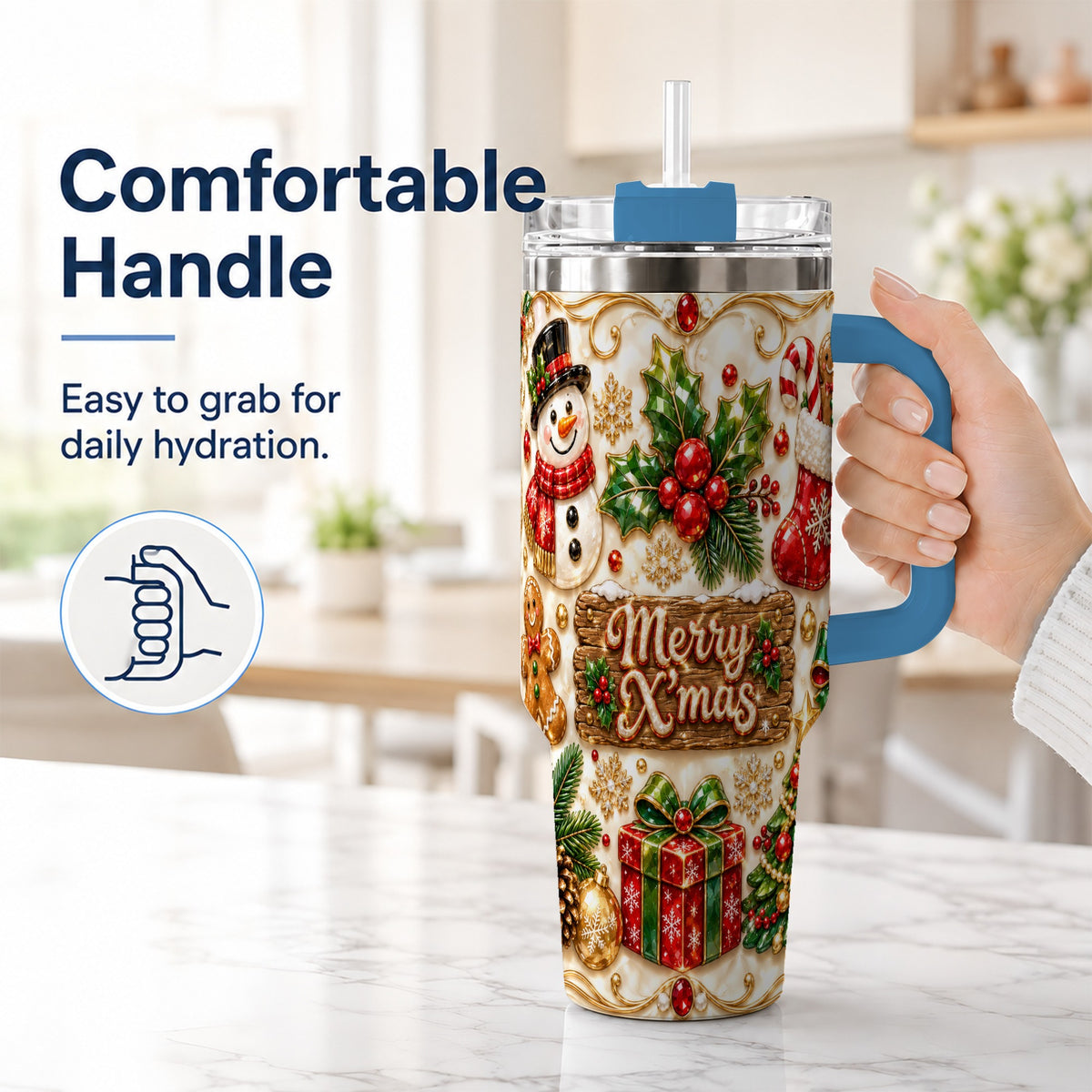 #pl[40oz|Blue] Christmas Snowman 40oz Tumbler with Handle, Holiday Stainless Steel Cup