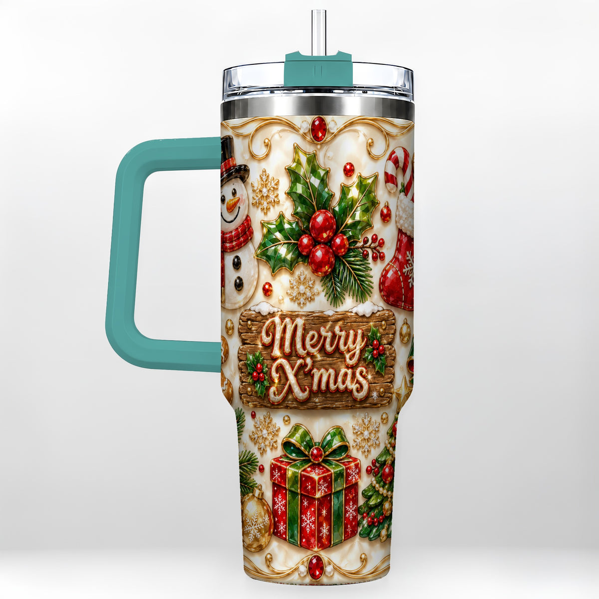 #pl[40oz|Green] Christmas Snowman 40oz Tumbler with Handle, Holiday Stainless Steel Cup