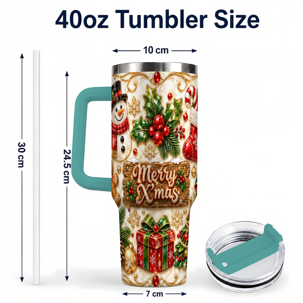 #pl[40oz|Green] Christmas Snowman 40oz Tumbler with Handle, Holiday Stainless Steel Cup