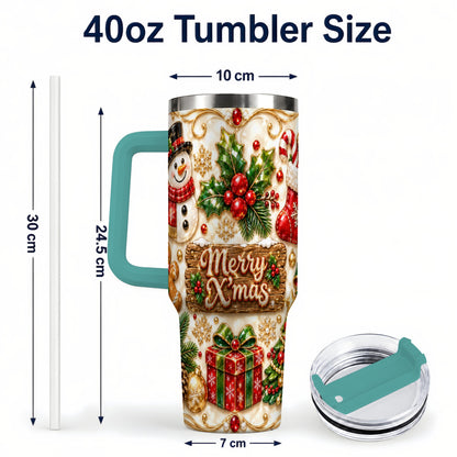 #pl[40oz|Green] Christmas Snowman 40oz Tumbler with Handle, Holiday Stainless Steel Cup