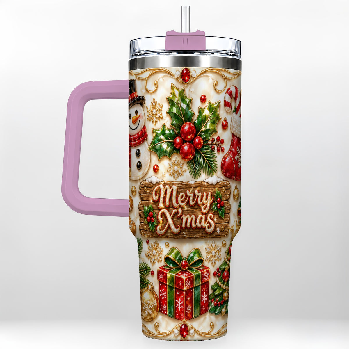 #pl[40oz|Pink] Christmas Snowman 40oz Tumbler with Handle, Holiday Stainless Steel Cup
