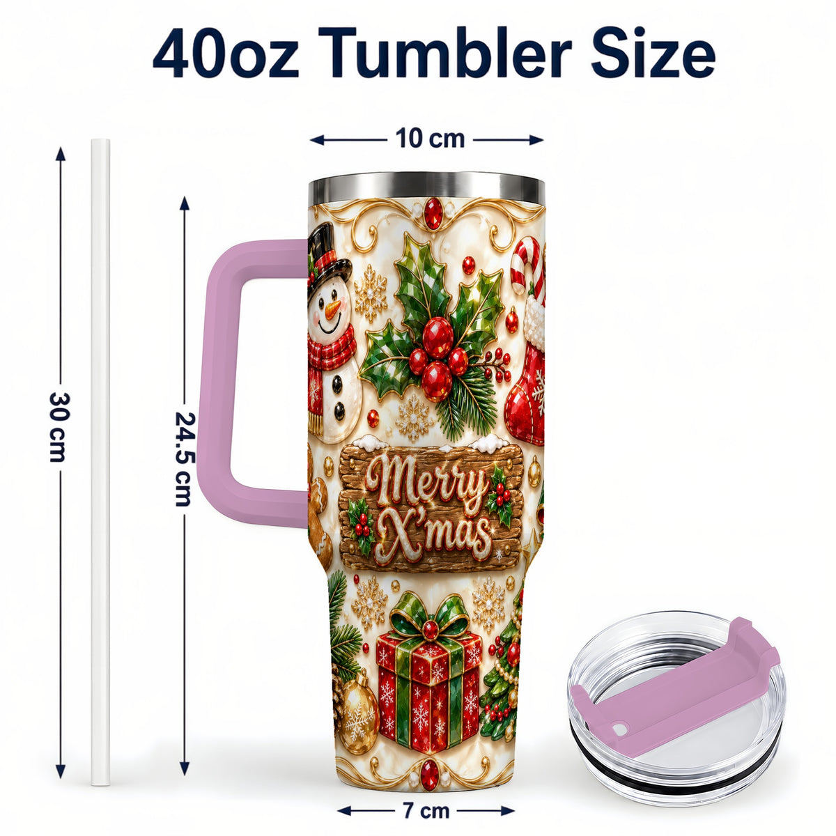 #pl[40oz|Pink] Christmas Snowman 40oz Tumbler with Handle, Holiday Stainless Steel Cup