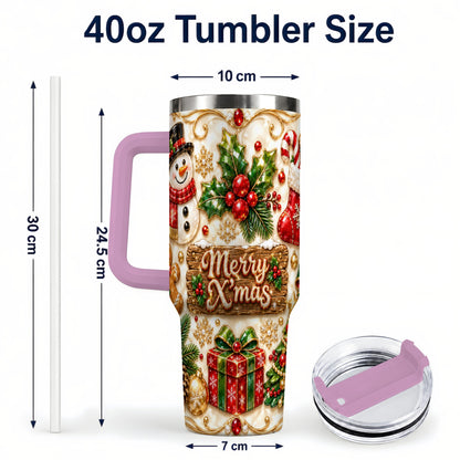 #pl[40oz|Pink] Christmas Snowman 40oz Tumbler with Handle, Holiday Stainless Steel Cup