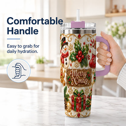#pl[40oz|Pink] Christmas Snowman 40oz Tumbler with Handle, Holiday Stainless Steel Cup