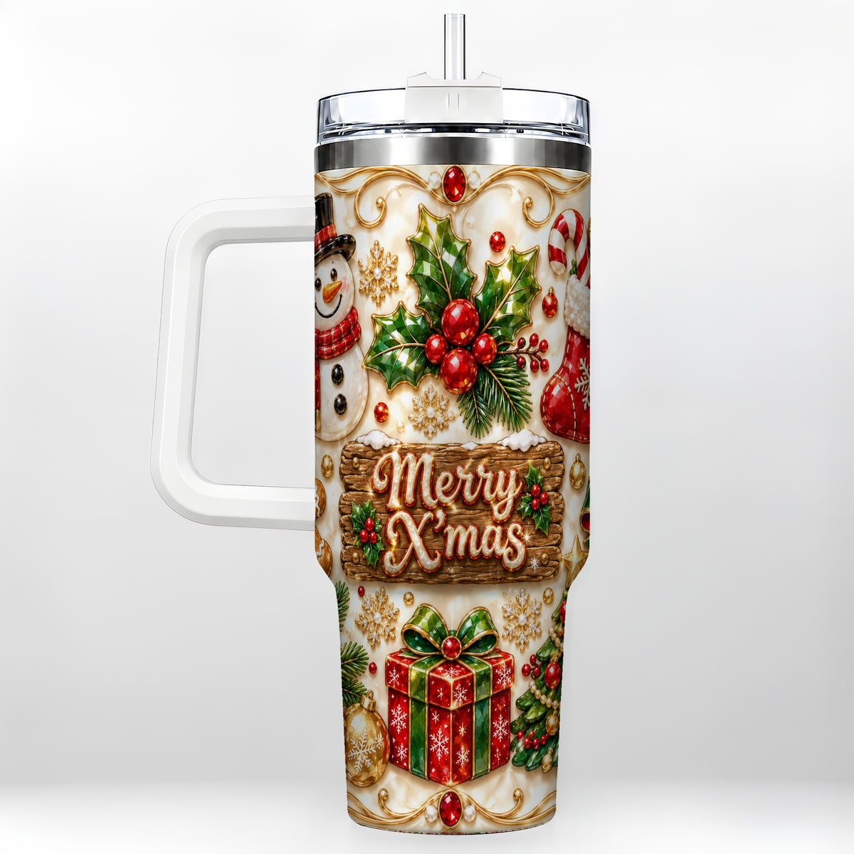 Christmas Snowman 40oz Tumbler with Handle, Holiday Stainless Steel Cup