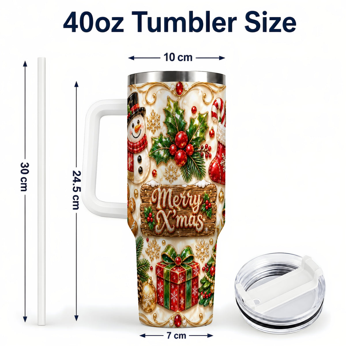 #pl[40oz|White] Christmas Snowman 40oz Tumbler with Handle, Holiday Stainless Steel Cup