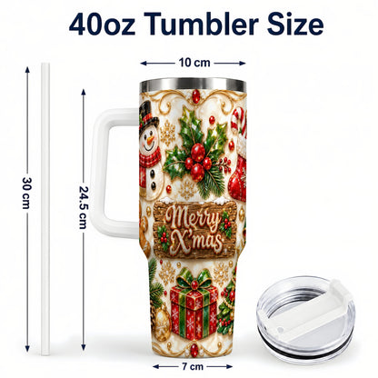 #pl[40oz|White] Christmas Snowman 40oz Tumbler with Handle, Holiday Stainless Steel Cup