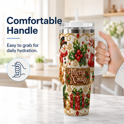 #pl[40oz|White] Christmas Snowman 40oz Tumbler with Handle, Holiday Stainless Steel Cup