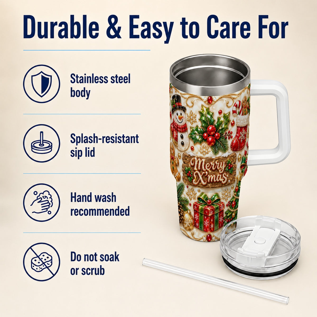 Christmas Snowman 40oz Tumbler with Handle, Holiday Stainless Steel Cup