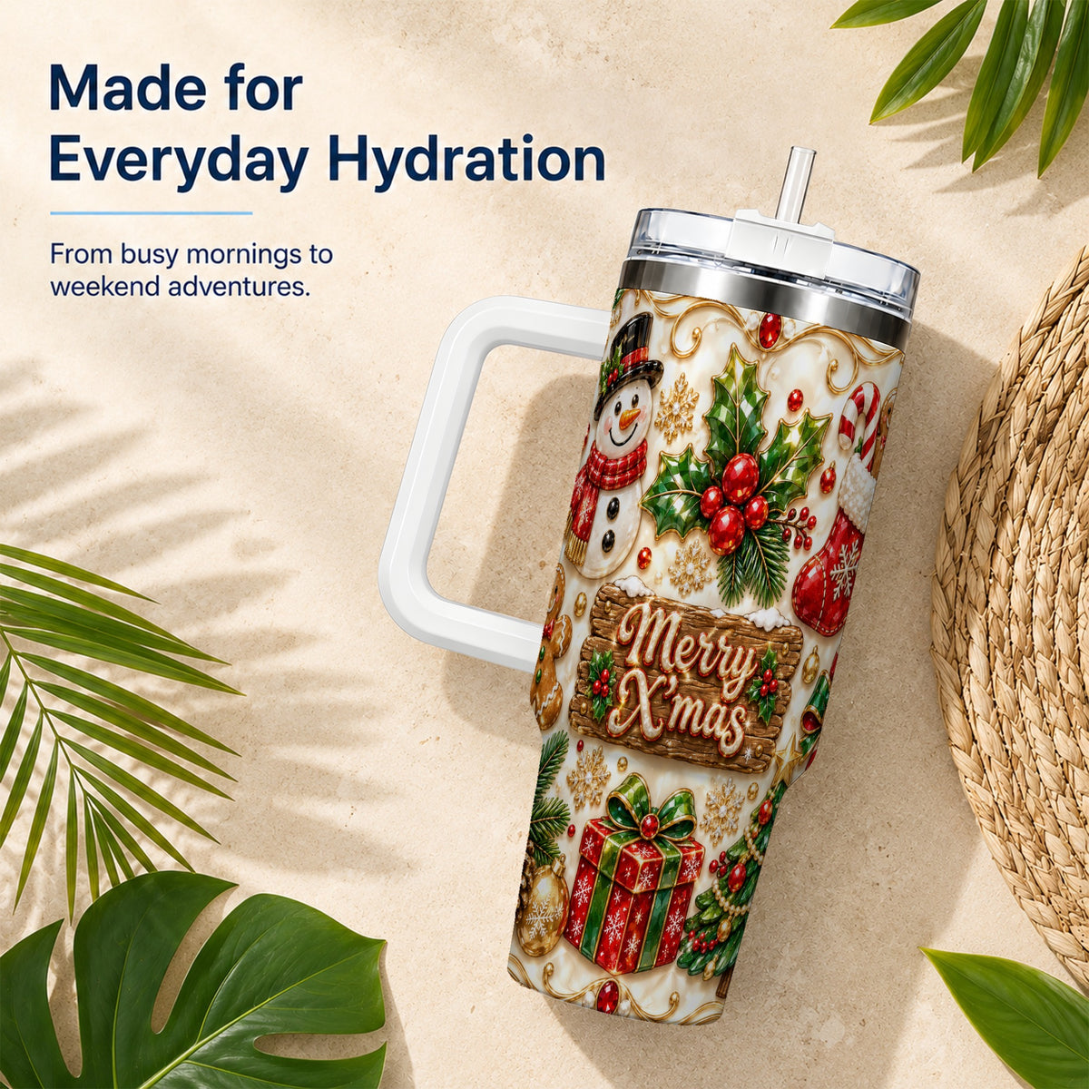Christmas Snowman 40oz Tumbler with Handle, Holiday Stainless Steel Cup