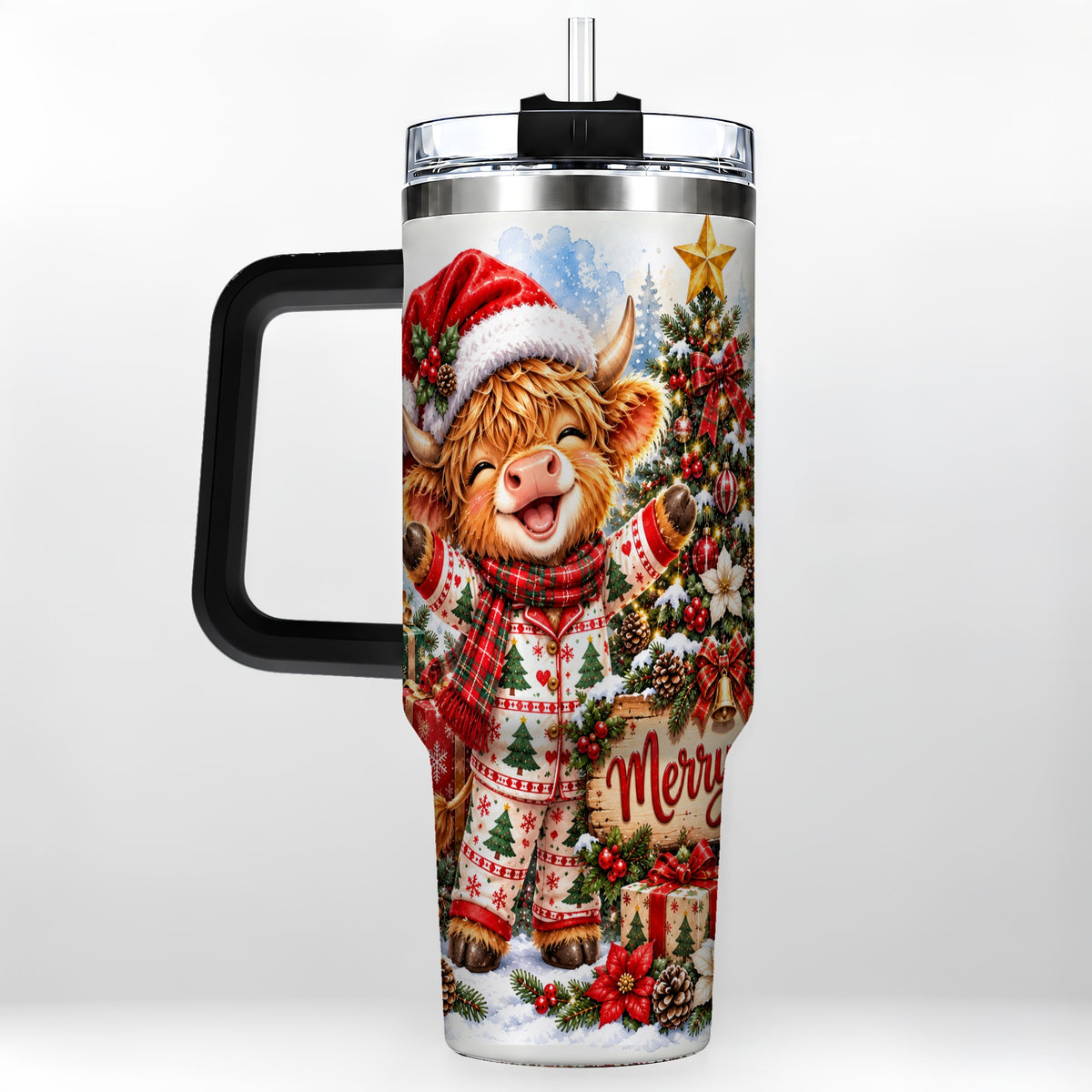 #pl[40oz|Black] Highland Cow 40oz Tumbler with Handle, Christmas Stainless Steel Cup