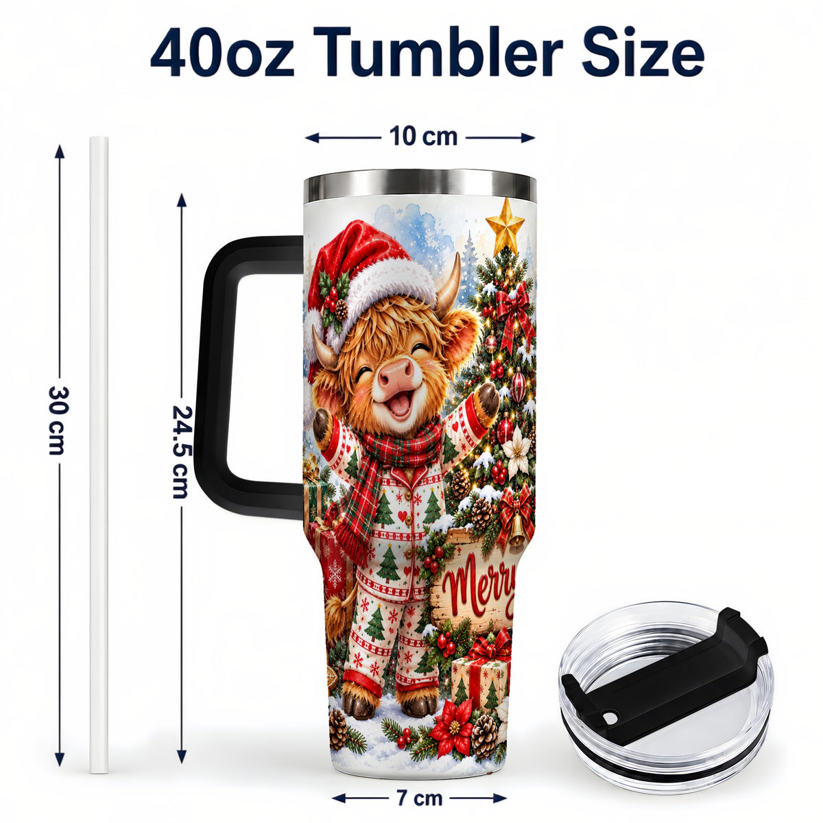 #pl[40oz|Black] Highland Cow 40oz Tumbler with Handle, Christmas Stainless Steel Cup