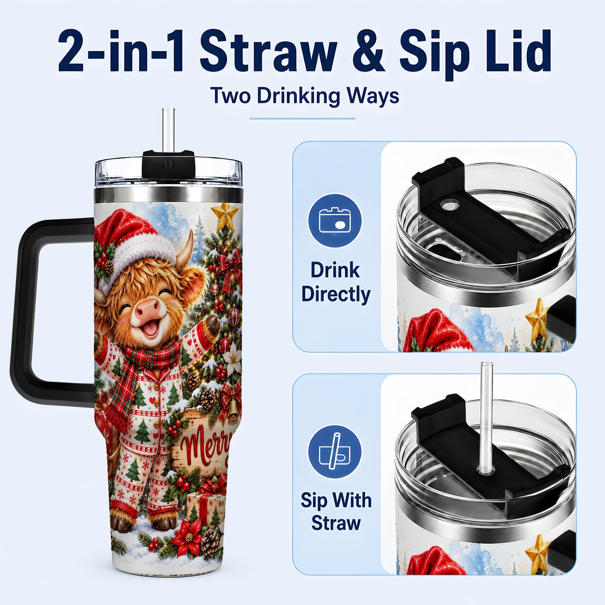 #pl[40oz|Black] Highland Cow 40oz Tumbler with Handle, Christmas Stainless Steel Cup