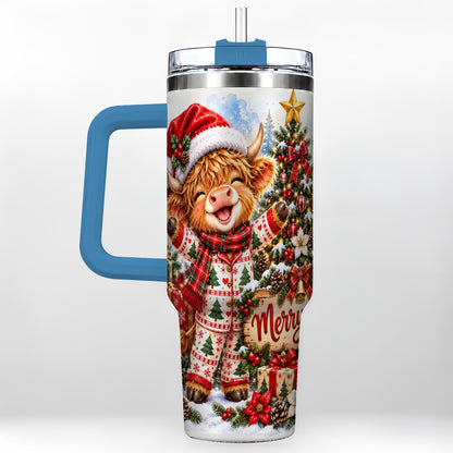 #pl[40oz|Blue] Highland Cow 40oz Tumbler with Handle, Christmas Stainless Steel Cup