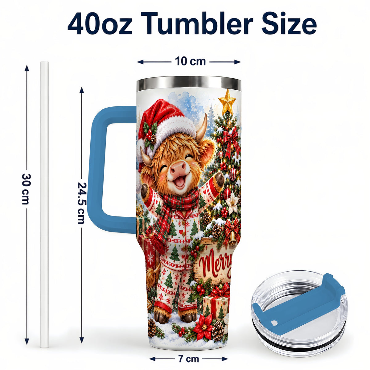 #pl[40oz|Blue] Highland Cow 40oz Tumbler with Handle, Christmas Stainless Steel Cup