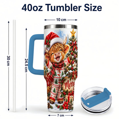 #pl[40oz|Blue] Highland Cow 40oz Tumbler with Handle, Christmas Stainless Steel Cup