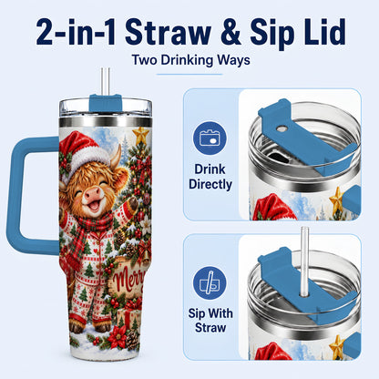 #pl[40oz|Blue] Highland Cow 40oz Tumbler with Handle, Christmas Stainless Steel Cup