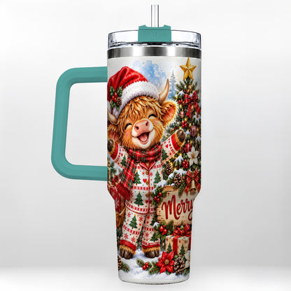 #pl[40oz|Green] Highland Cow 40oz Tumbler with Handle, Christmas Stainless Steel Cup