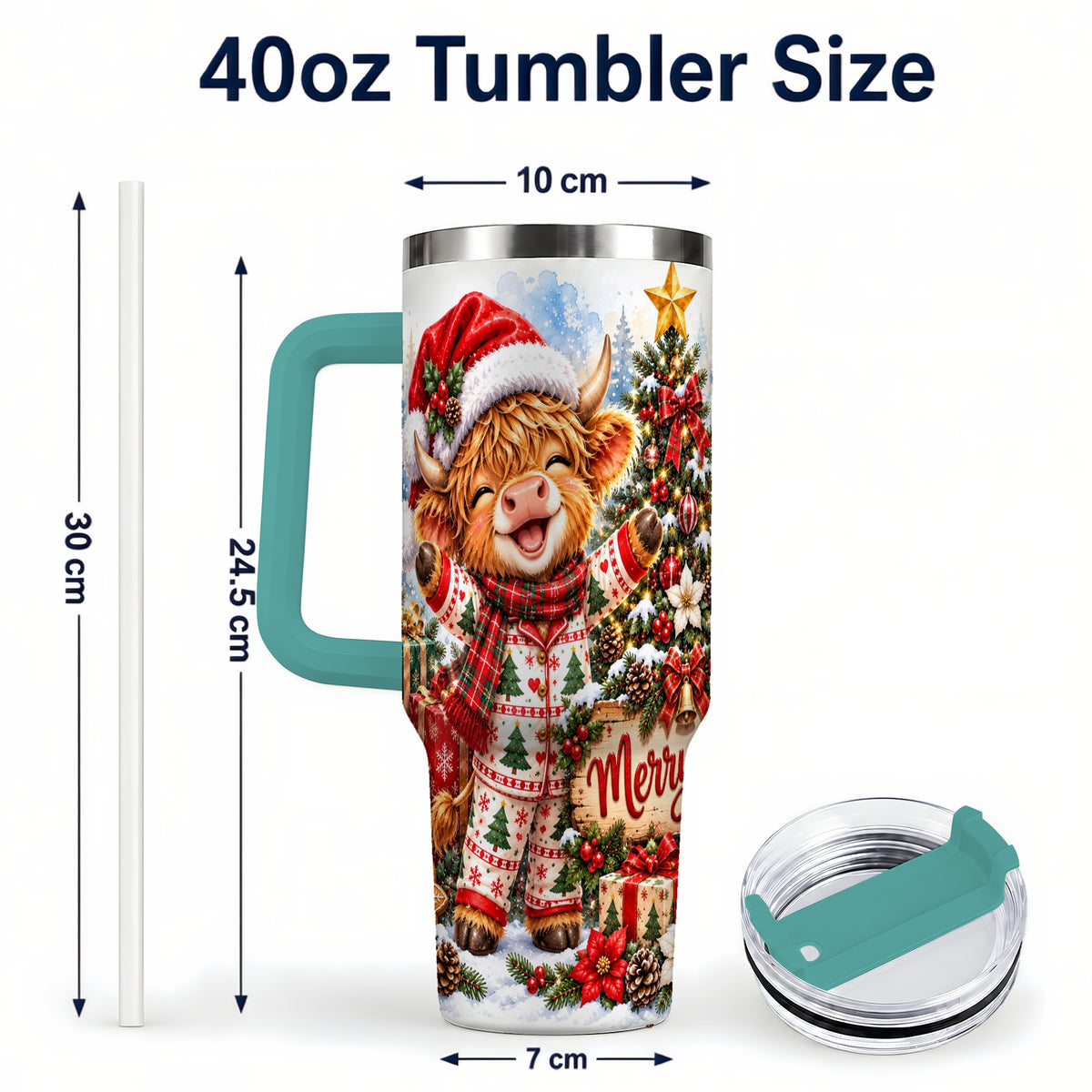 #pl[40oz|Green] Highland Cow 40oz Tumbler with Handle, Christmas Stainless Steel Cup