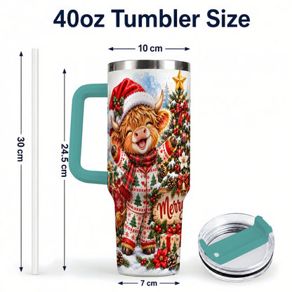#pl[40oz|Green] Highland Cow 40oz Tumbler with Handle, Christmas Stainless Steel Cup