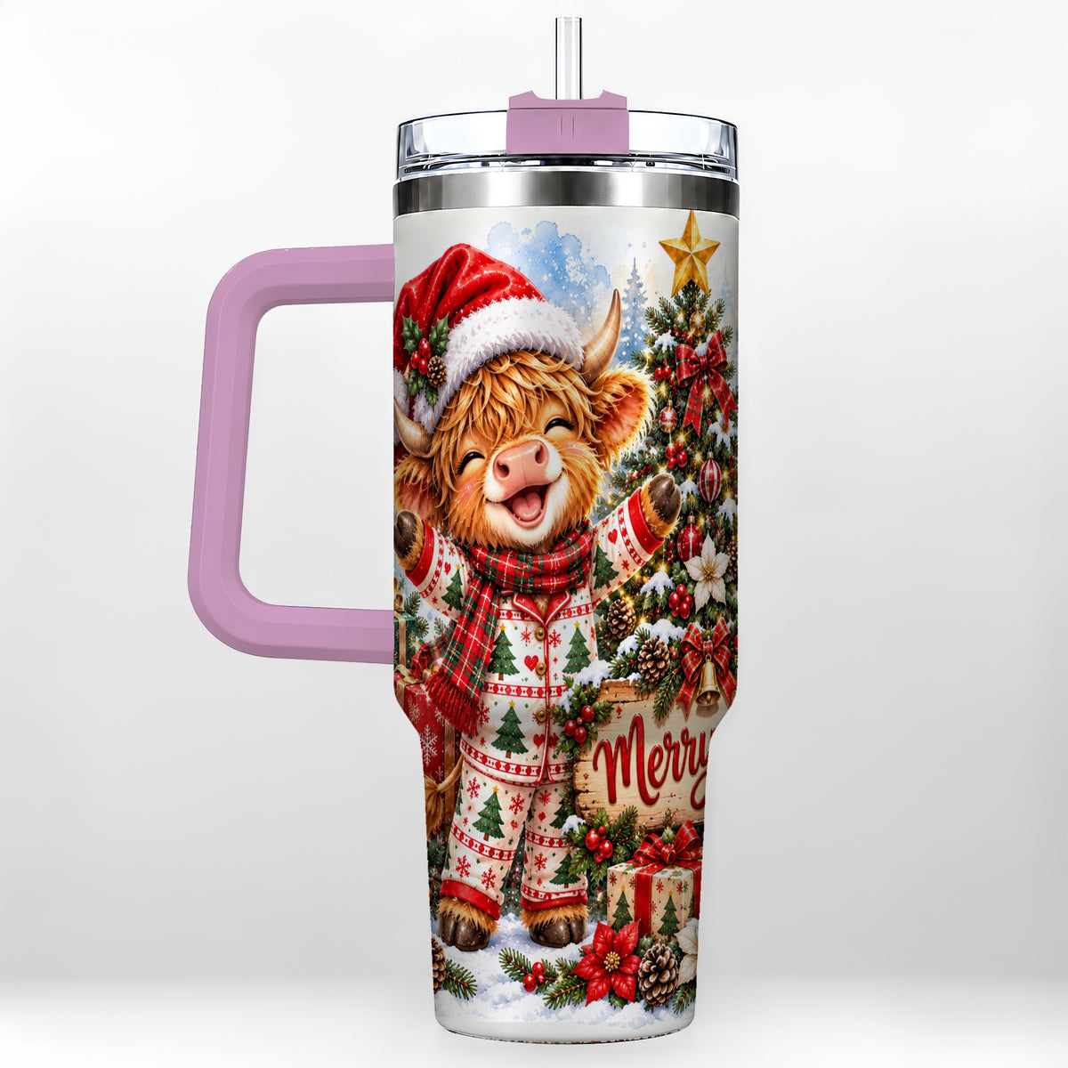 #pl[40oz|Pink] Highland Cow 40oz Tumbler with Handle, Christmas Stainless Steel Cup
