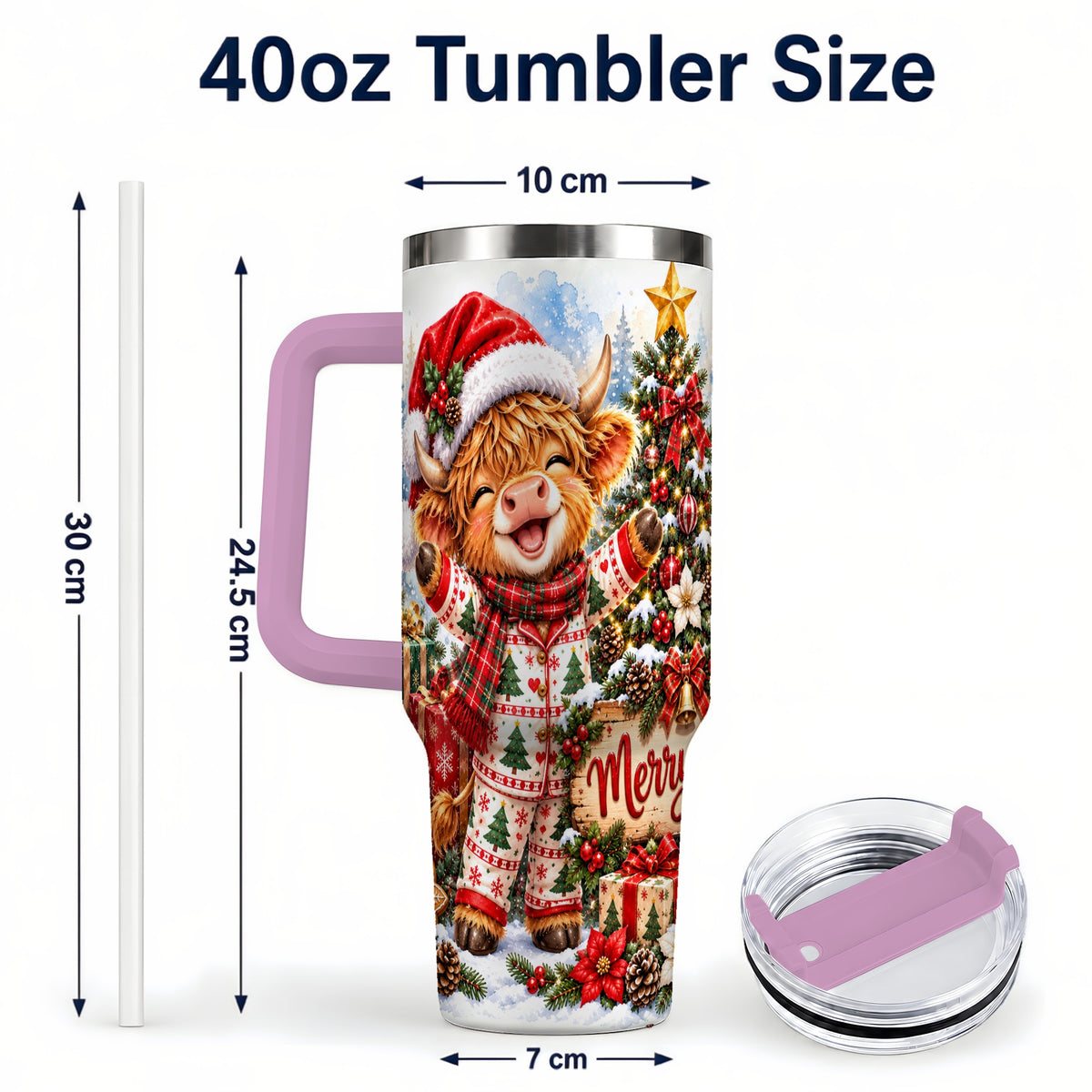 #pl[40oz|Pink] Highland Cow 40oz Tumbler with Handle, Christmas Stainless Steel Cup