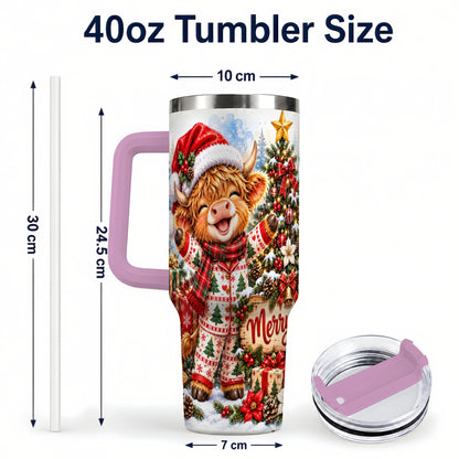 #pl[40oz|Pink] Highland Cow 40oz Tumbler with Handle, Christmas Stainless Steel Cup