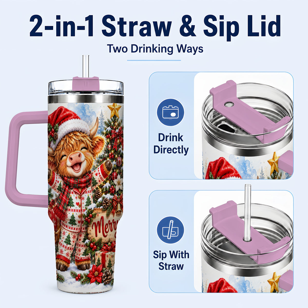 #pl[40oz|Pink] Highland Cow 40oz Tumbler with Handle, Christmas Stainless Steel Cup