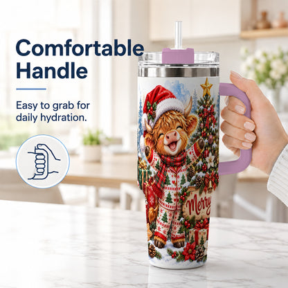 #pl[40oz|Pink] Highland Cow 40oz Tumbler with Handle, Christmas Stainless Steel Cup