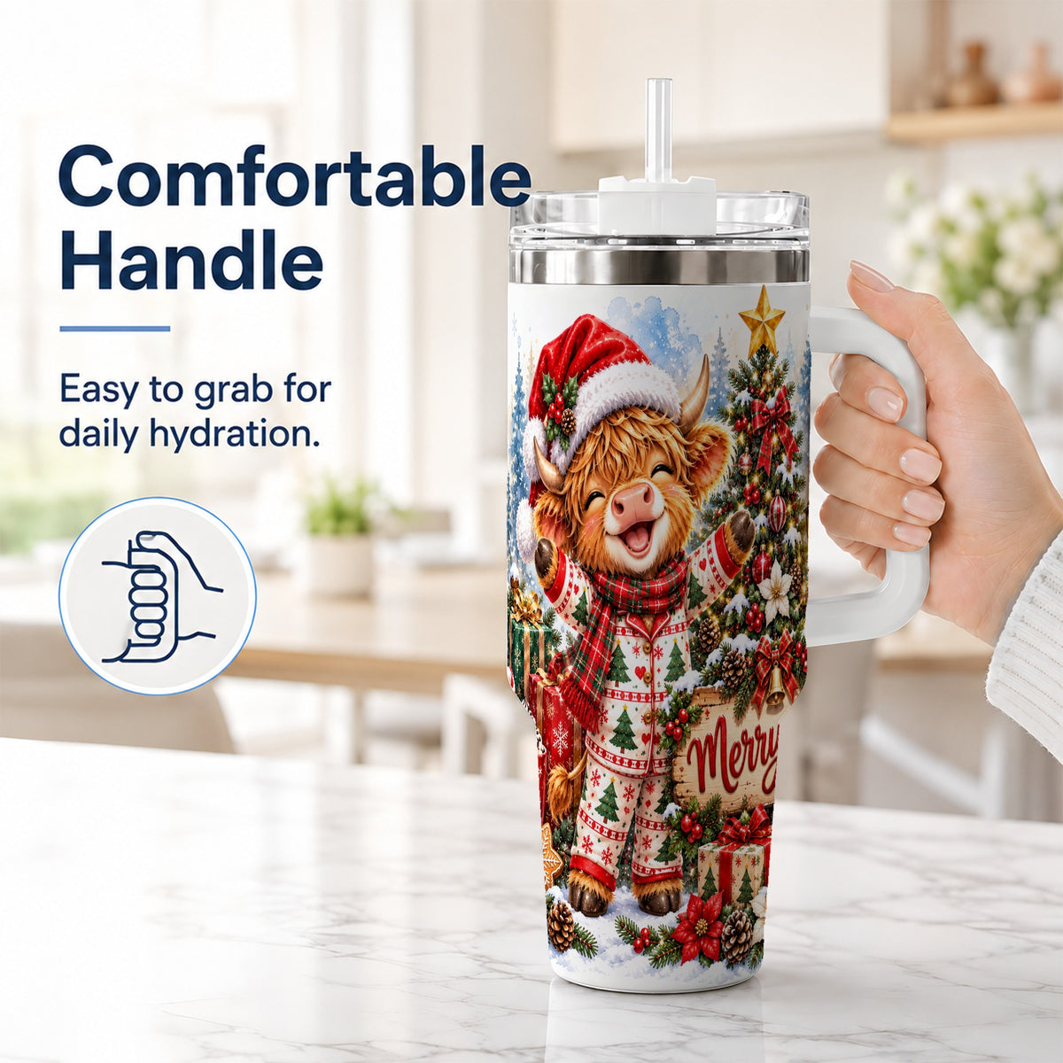 #pl[40oz|White] Highland Cow 40oz Tumbler with Handle, Christmas Stainless Steel Cup