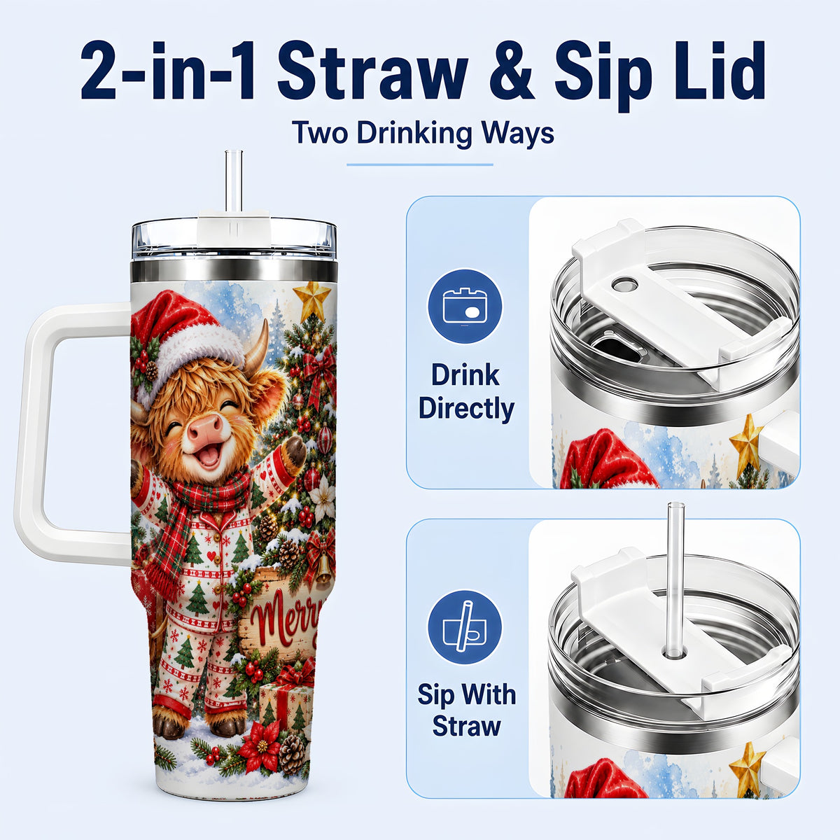 #pl[40oz|White] Highland Cow 40oz Tumbler with Handle, Christmas Stainless Steel Cup